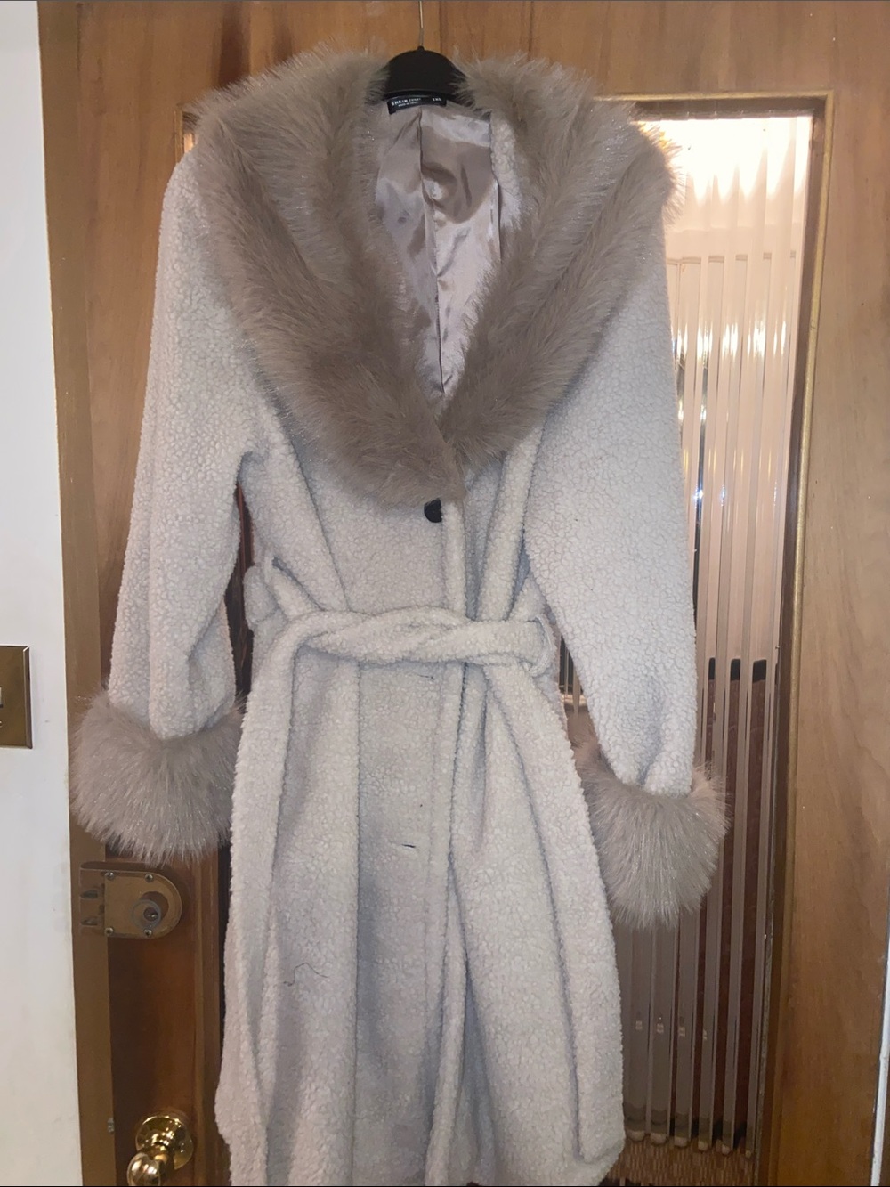 SHEIN Cream Faux-Shearling Belted Coat with Fur Trim